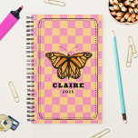 Monarch Butterfly Chequerboard Planner<br><div class="desc">Monarch butterfly illustration over a pink and golden yellow chequerboard background with black frame and text templates for name and year.</div>
