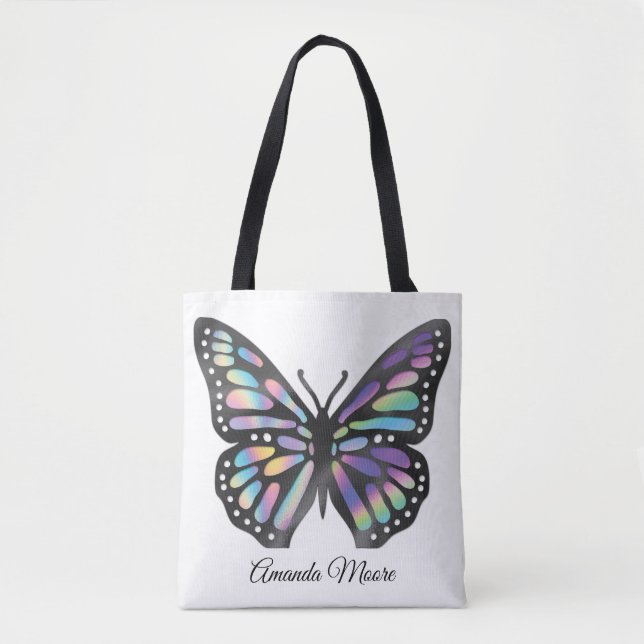 Monarch butterfly colourful modern holograph foil tote bag (Front)