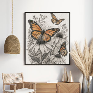 Monarch Butterfly Coneflower Wildflower Vintage Poster
