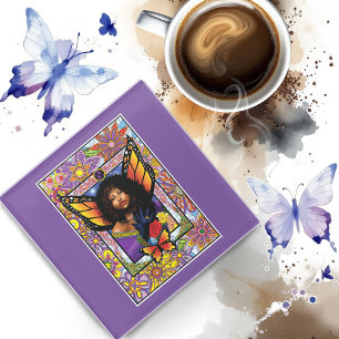 Monarch Butterfly Fairy Purple Floral Glass Coaster