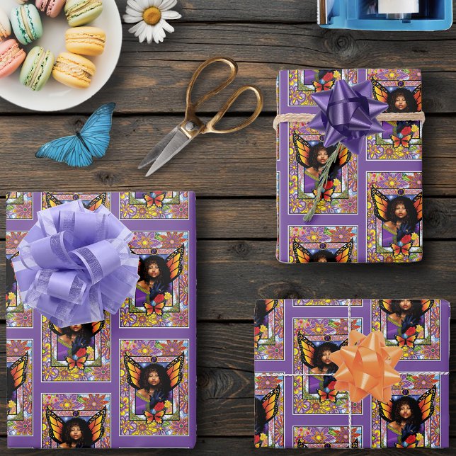 Monarch Butterfly Fairy Purple Floral Wrapping Paper Sheet (Creator Uploaded)