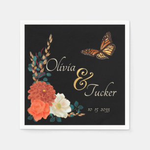 Monarch Butterfly Fall Floral Black Custom Napkin