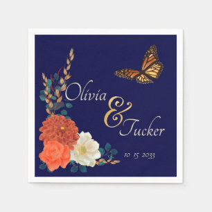 Monarch Butterfly Fall Floral Navy Blue Custom Napkin