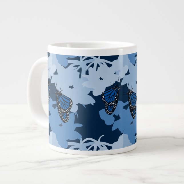 Monarch Butterfly Feeding in Blue Large Coffee Mug (Front Left)