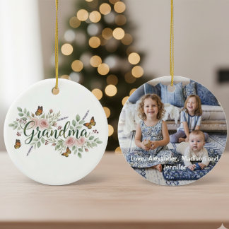 Monarch Butterfly Floral Grandma Photo Ceramic Tree Decoration