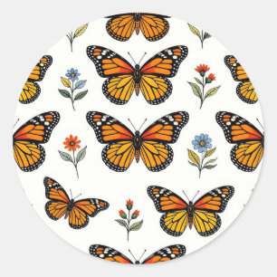 Monarch Butterfly Floral Pattern Classic Round Sticker