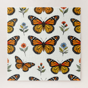 Monarch Butterfly Floral Pattern Jigsaw Puzzle