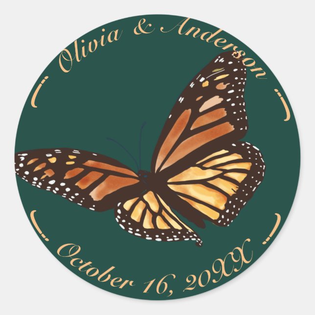 Monarch Butterfly Forest Green Fall Wedding  Classic Round Sticker (Front)