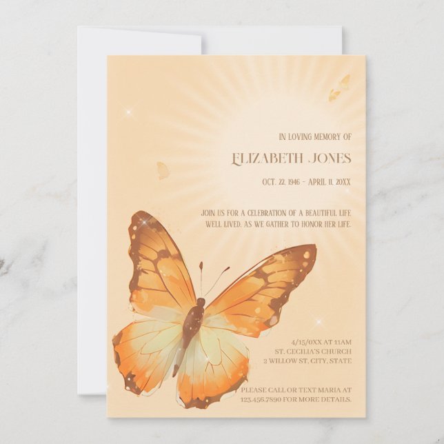 Monarch Butterfly Funeral Celebration of Life Invitation (Front)