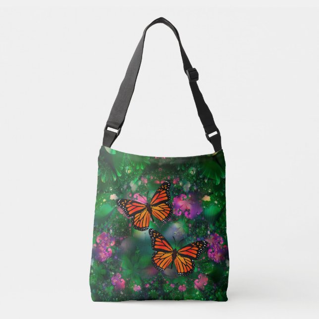 Monarch Butterfly Garden Illustration Crossbody Bag (Front)