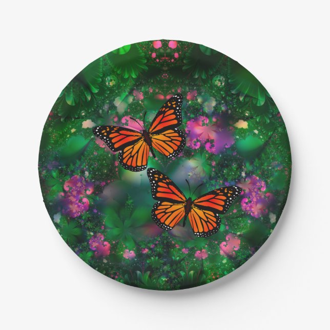 Monarch Butterfly Garden Illustration Paper Plate (Front)