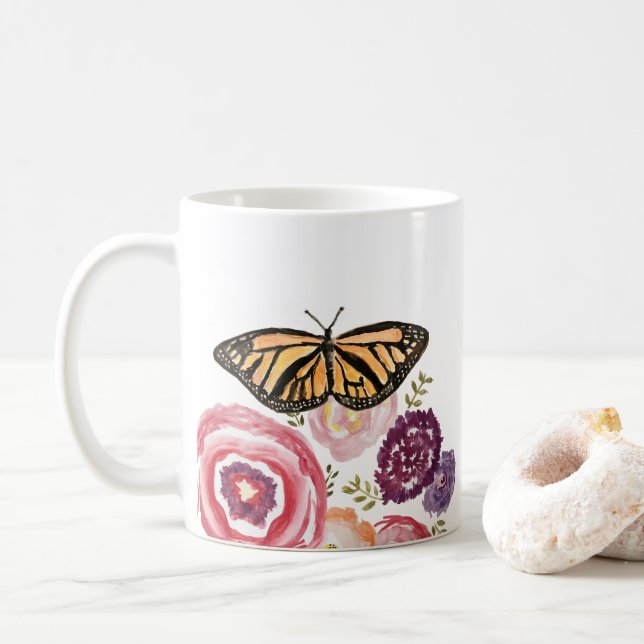 Monarch Butterfly Garden Painting Insect Coffee Mug (With Donut)
