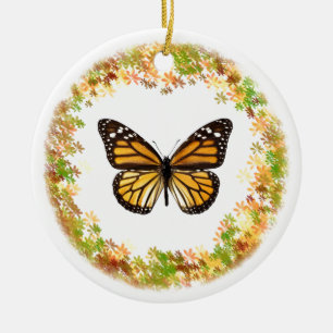 Monarch butterfly in frame of leaves ceramic tree decoration