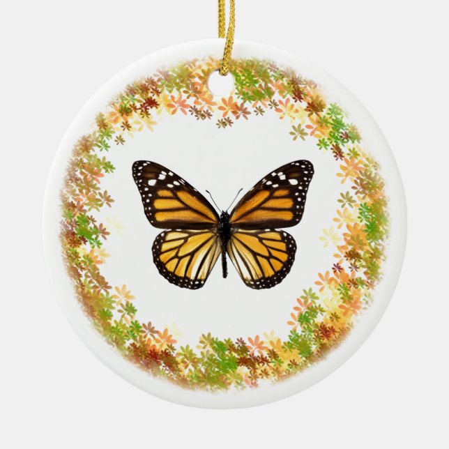 Monarch butterfly in frame of leaves ceramic tree decoration (Front)