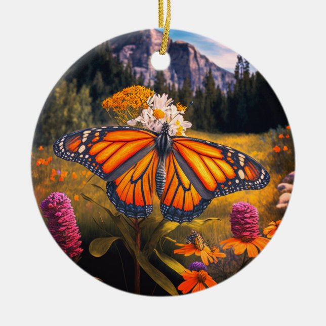 Monarch Butterfly Mountain Beautiful Meadow Nature Ceramic Tree Decoration (Front)