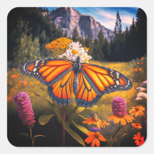 Monarch Butterfly Mountain Beautiful Meadow Nature Square Sticker