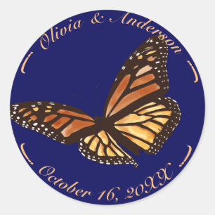 Monarch Butterfly Navy Blue Fall Wedding  Classic Round Sticker