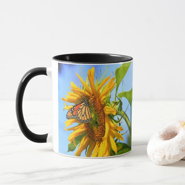 Monarch Butterfly on a Kansas Sunflower Mug (With Donut)