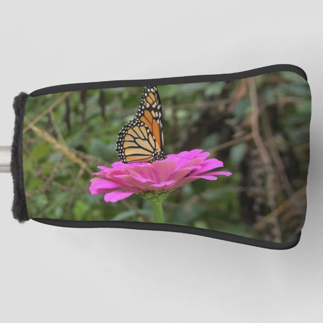 Monarch Butterfly on a Pretty Pink Zinnia Flower Golf Head Cover (Front)