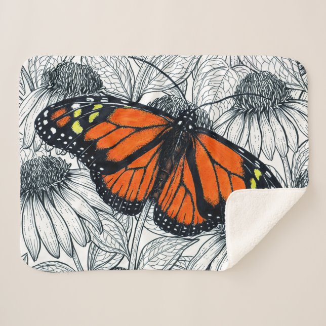 Monarch butterfly on coneflowers sherpa blanket (Front (Horizontal))