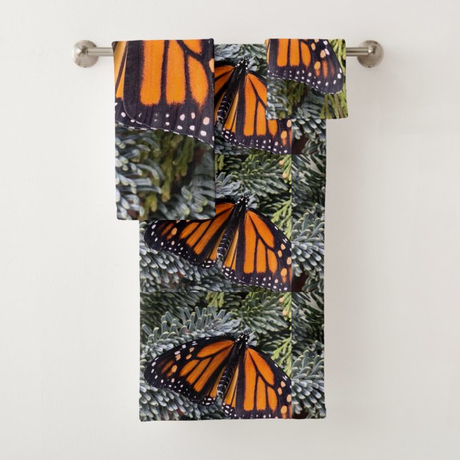 Monarch butterfly on evergreens bath towel set (Insitu)