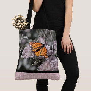 Monarch Butterfly on Flowers Pink Gothic Tile Tote Bag