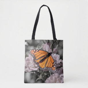 Monarch Butterfly on Muted Pink and Grey Flowers Tote Bag