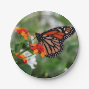 Monarch Butterfly on Orange and Red Lantana Paper Plate