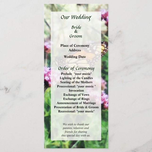 Monarch Butterfly on Pink Lantana Wedding Program Programme (Front)