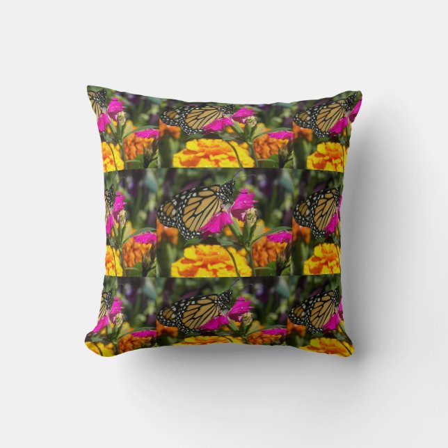 Monarch Butterfly on Pink Marigold Cushion (Front)
