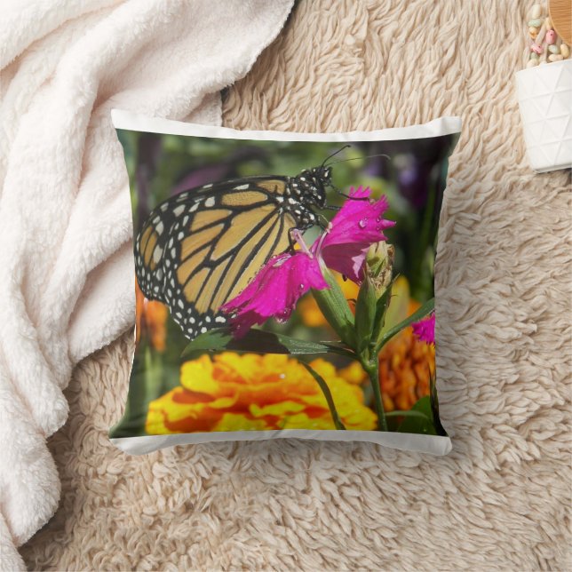 Monarch Butterfly on Pink Marigold Flower Cushion (Blanket)