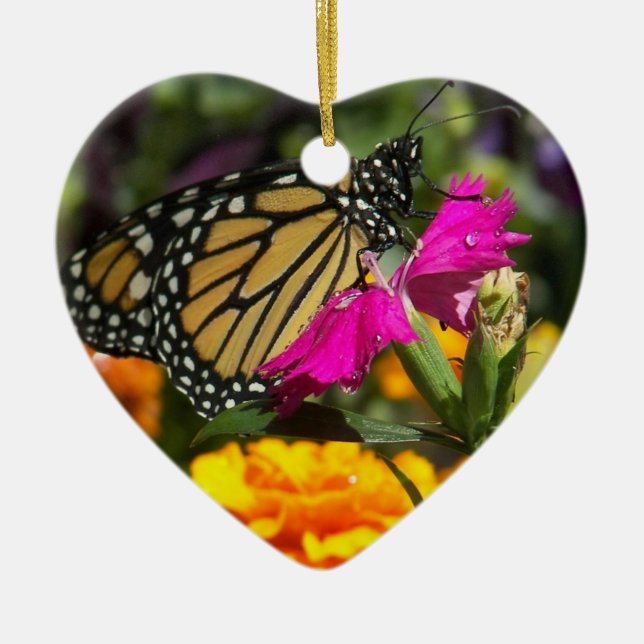 Monarch Butterfly on pink marigold-heart ornament (Front)