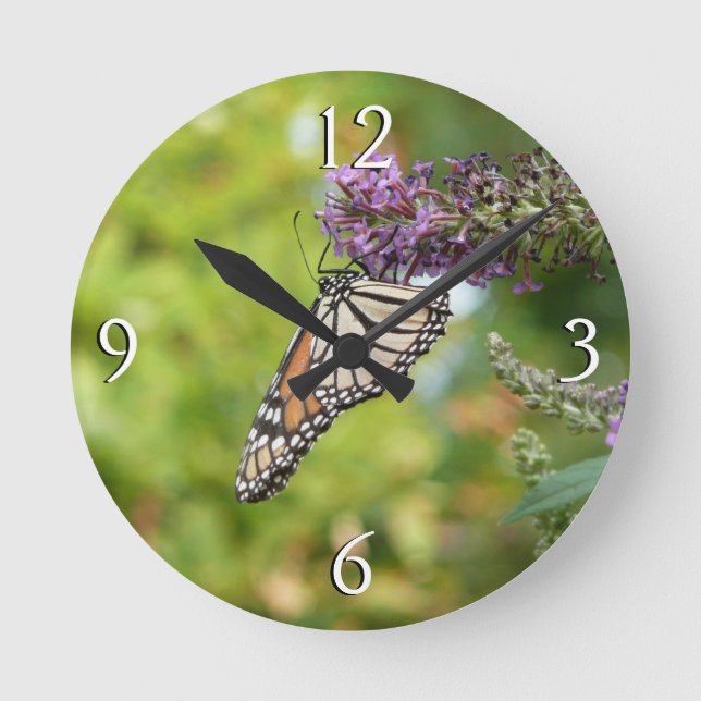 Monarch Butterfly on Purple Butterfly Bush Round Clock (Front)