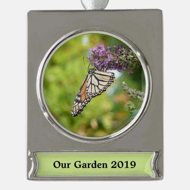 Monarch Butterfly on Purple Butterfly Bush Silver Plated Banner Ornament (Front)