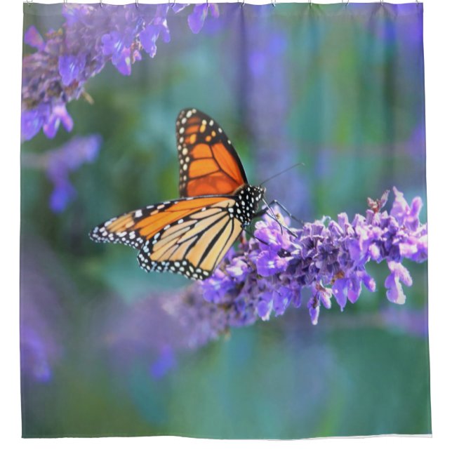 Monarch Butterfly on Purple lilac Flower Shower Curtain (Front)
