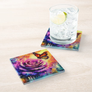Monarch Butterfly on Purple Rose at Sunset Floral Glass Coaster