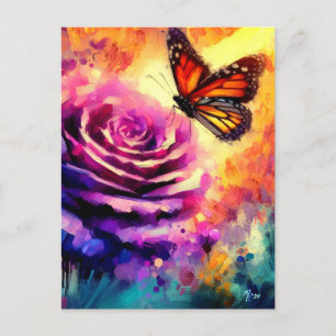 Monarch Butterfly on Purple Rose at Sunset Floral Postcard