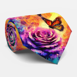 Monarch Butterfly on Purple Rose at Sunset Floral Tie