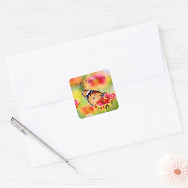 Monarch Butterfly on Red and Yellow Flower Square Sticker (Envelope)