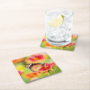 Monarch Butterfly on Red and Yellow Flowers Square Paper Coaster