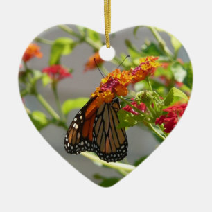 Monarch Butterfly on Red Butterfly Bush Ceramic Tree Decoration