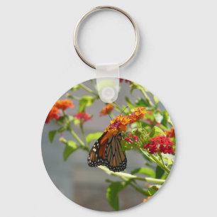 Monarch Butterfly on Red Butterfly Bush Key Ring