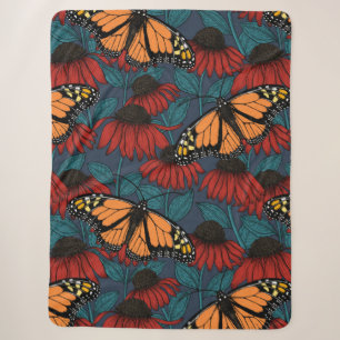Monarch butterfly on red coneflowers sherpa blanket