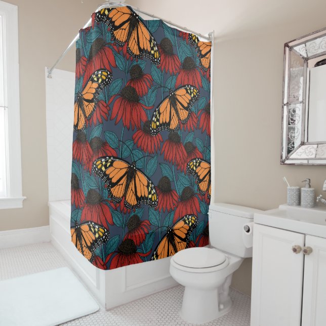 Monarch butterfly on red coneflowers shower curtain (In Situ)