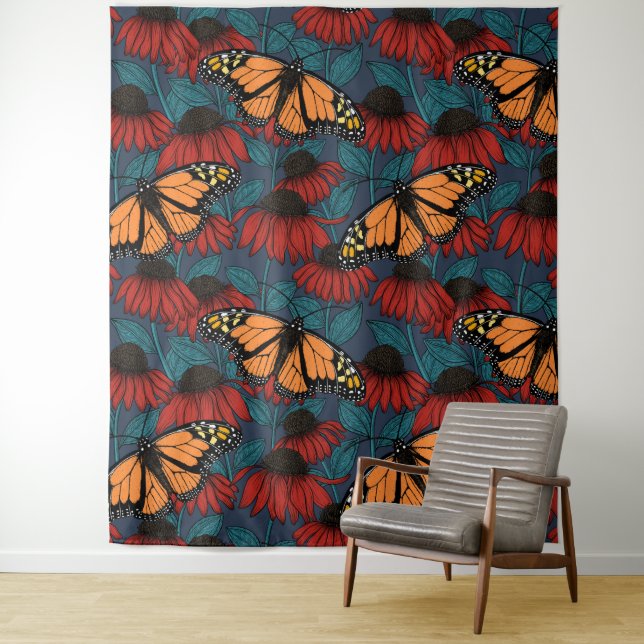 Monarch butterfly on red coneflowers tapestry (In Situ)