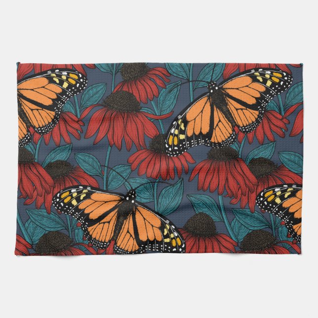 Monarch butterfly on red coneflowers tea towel (Horizontal)