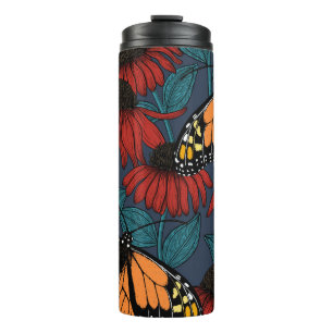 Monarch butterfly on red coneflowers thermal tumbler