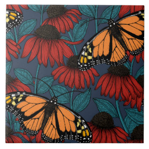 Monarch butterfly on red coneflowers tile