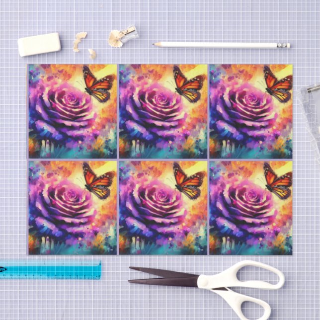 Monarch Butterfly on Rose at Sunset Decoupage Tissue Paper (Craft)