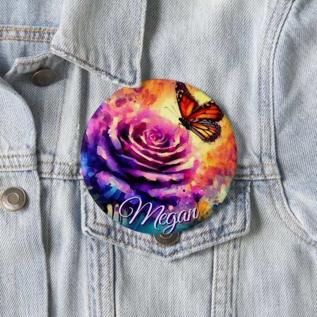 Monarch Butterfly on Rose at Sunset Personalised 10 Cm Round Badge (In Situ)